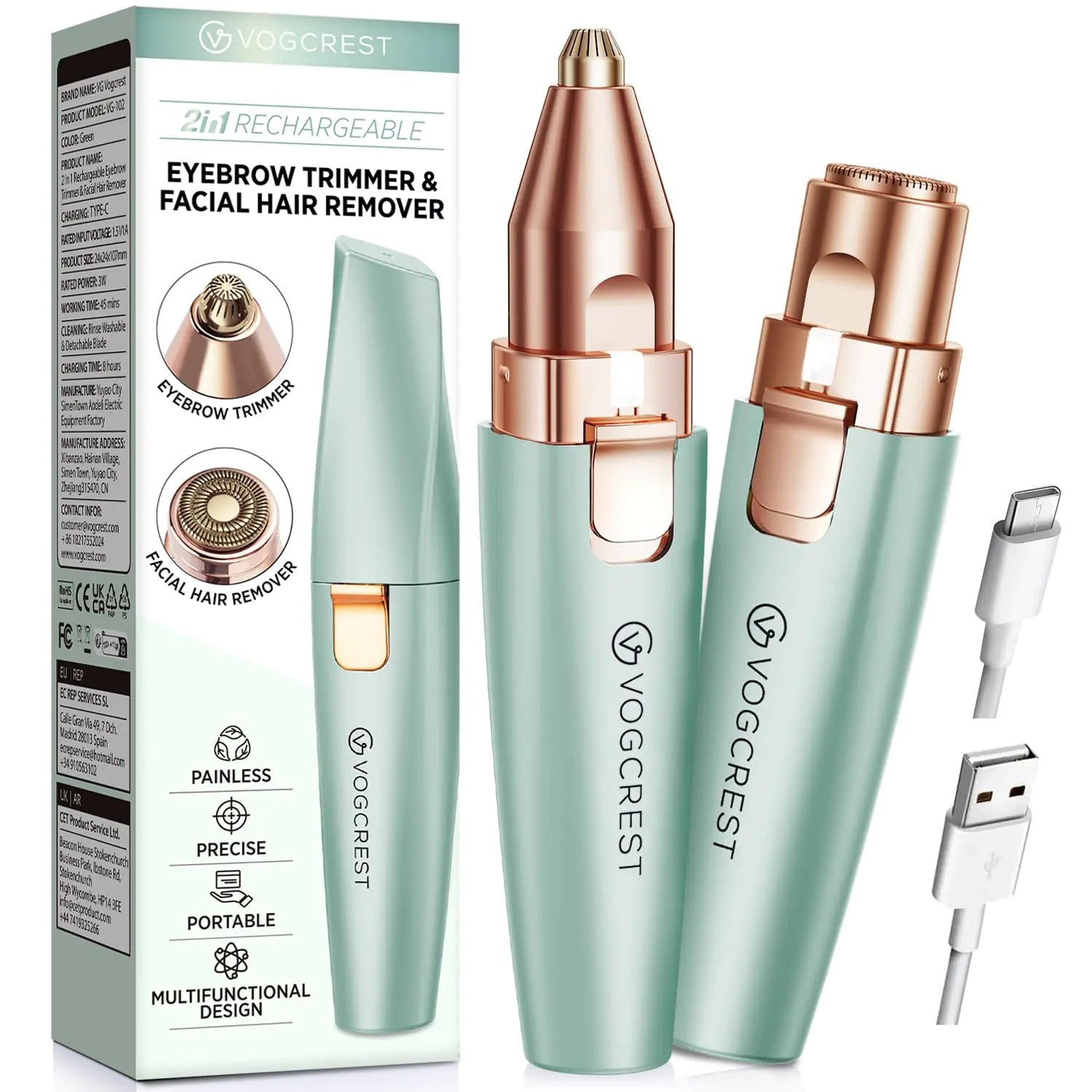 VG VOGCREST Eyebrow Facial Trimmer: 2 in1 Rechargeable Facial Hair Removal and Eyebrow Shaver - Face Lips Body Painless Facial Razor with Built-in LED Light (Pastel Green)